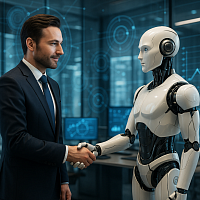 A professional office setting where a humanoid robot is shaking hands with a business professional. Background includes charts and digital screens. High-tech vibe.